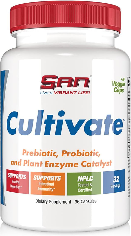 SAN Cultivate Prebiotic Probiotic Complex with Digestive Enzymes - Supports Gut Microbiome Health - 96 Capsules for Men and Women