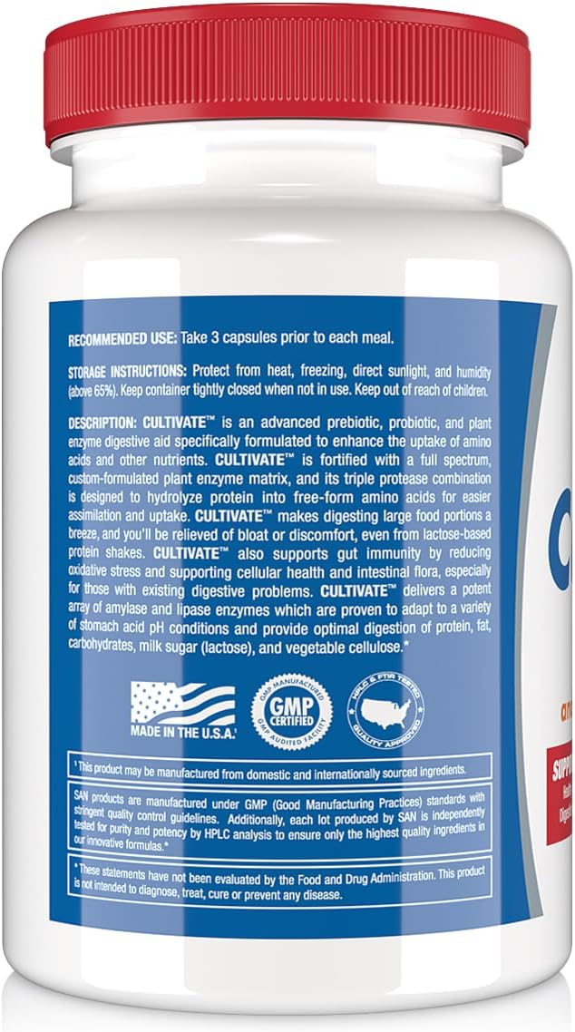 SAN Cultivate Prebiotic Probiotic Complex with Digestive Enzymes - Supports Gut Microbiome Health - 96 Capsules for Men and Women