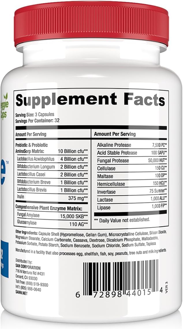 SAN Cultivate Prebiotic Probiotic Complex with Digestive Enzymes - Supports Gut Microbiome Health - 96 Capsules for Men and Women