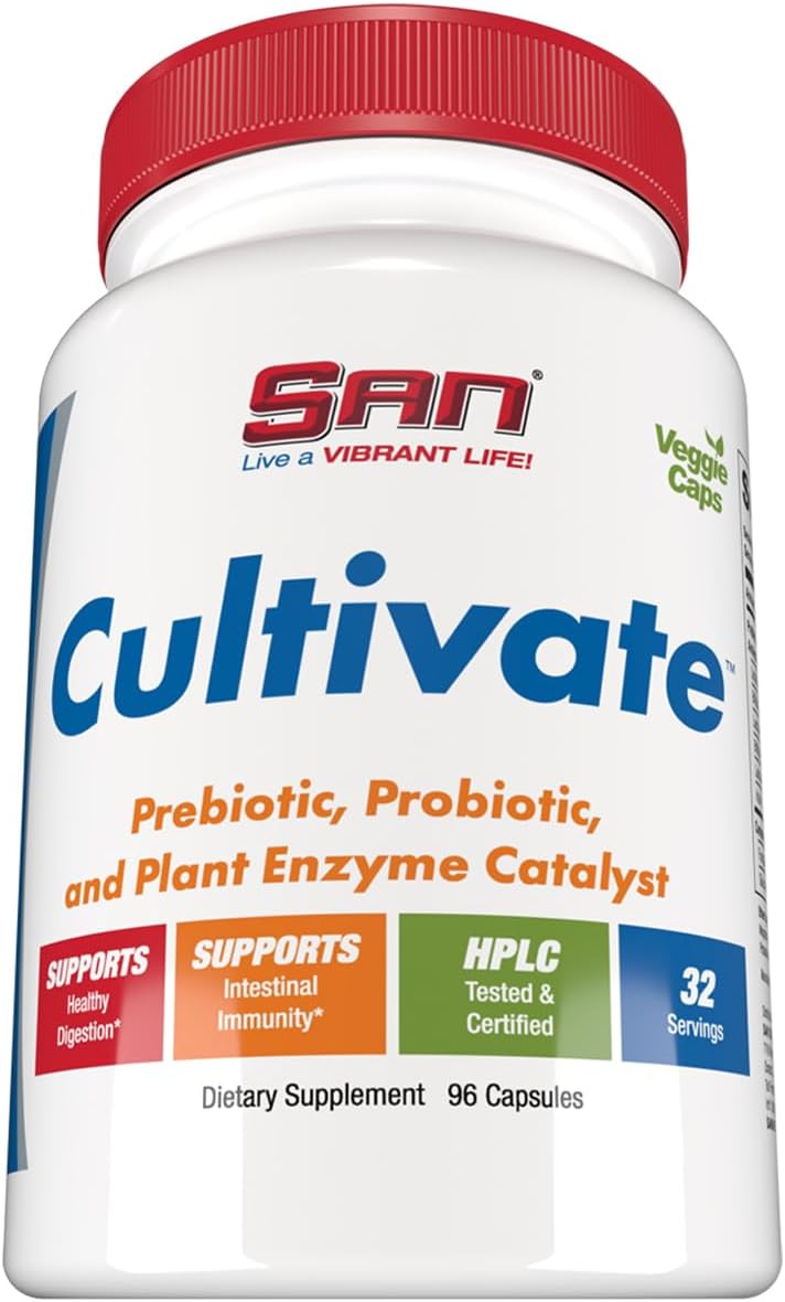 SAN Cultivate Prebiotic Probiotic Complex with Digestive Enzymes - Supports Gut Microbiome Health - 96 Capsules for Men and Women