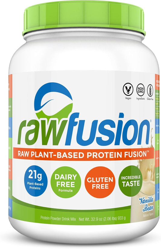 SAN Rawfusion Vanilla Bean Protein Powder - Plant-Based, 30 Servings, 21g Protein, Low Net Carbs, Non-Dairy, Gluten-Free, Soy-Free, Kosher, Non-GMO - 2.06lbs