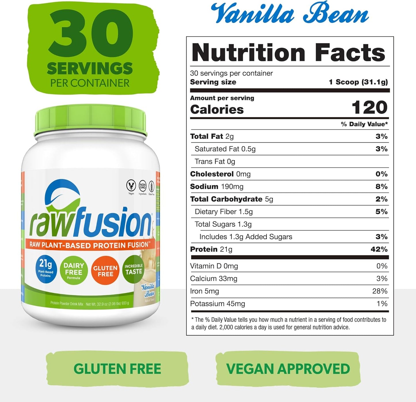 SAN Rawfusion Vanilla Bean Protein Powder - Plant-Based, 30 Servings, 21g Protein, Low Net Carbs, Non-Dairy, Gluten-Free, Soy-Free, Kosher, Non-GMO - 2.06lbs