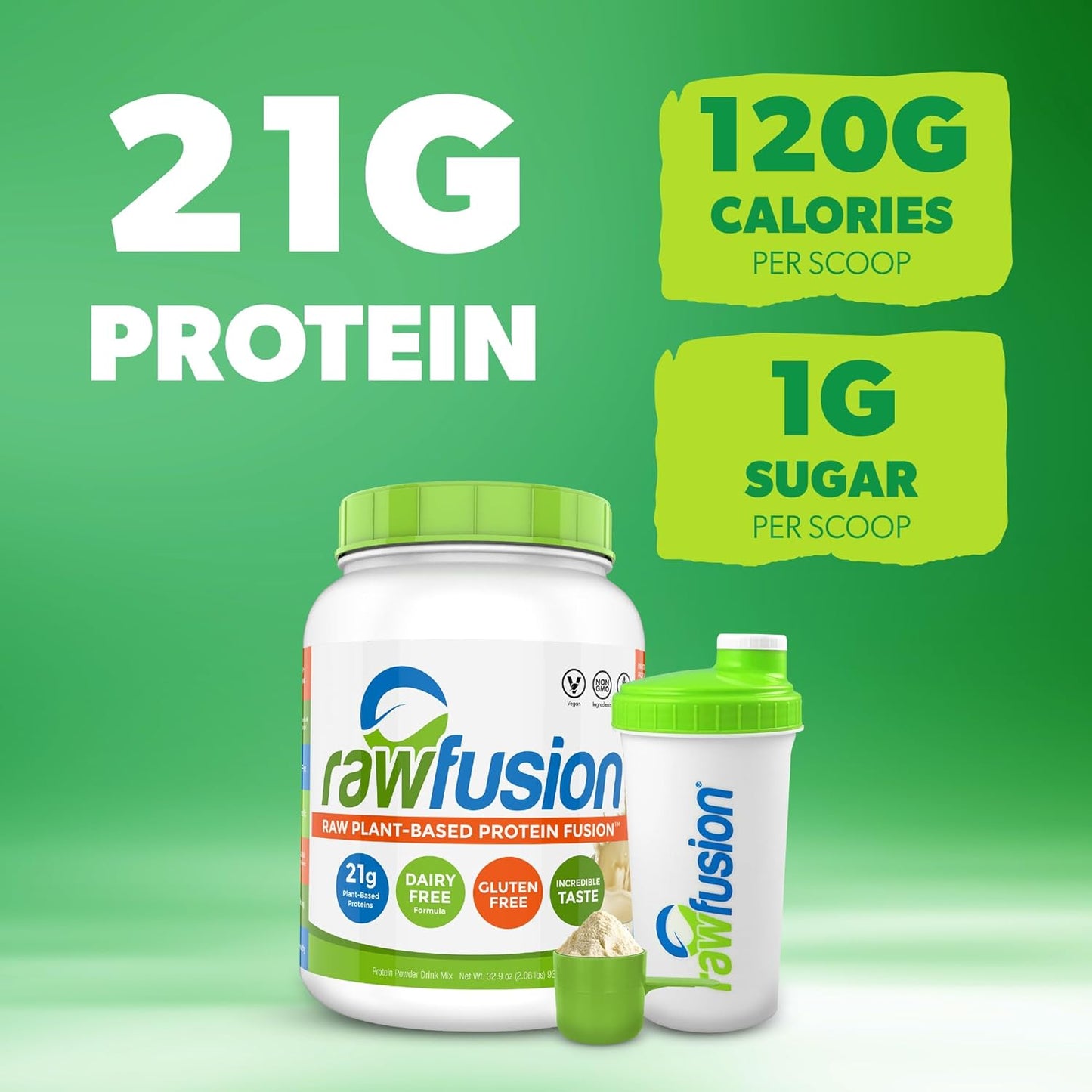 SAN Rawfusion Vanilla Bean Protein Powder - Plant-Based, 30 Servings, 21g Protein, Low Net Carbs, Non-Dairy, Gluten-Free, Soy-Free, Kosher, Non-GMO - 2.06lbs