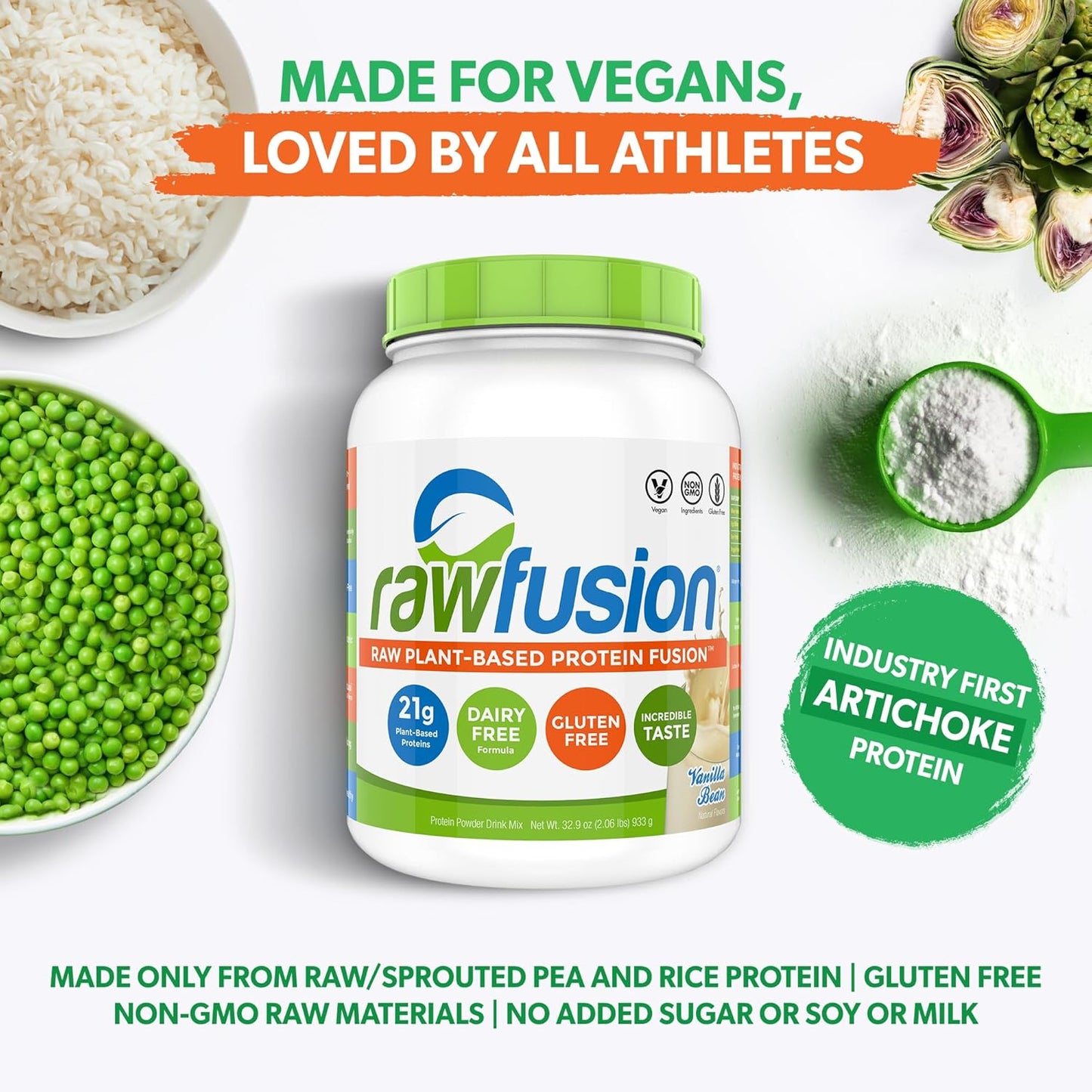 SAN Rawfusion Vanilla Bean Protein Powder - Plant-Based, 30 Servings, 21g Protein, Low Net Carbs, Non-Dairy, Gluten-Free, Soy-Free, Kosher, Non-GMO - 2.06lbs