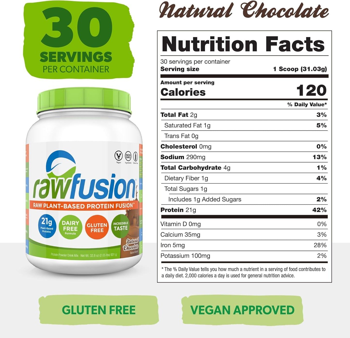 SAN Rawfusion Vegan Protein Powder, Natural Chocolate - 30 Servings, 21g Plant-Based Protein, Low Net Carbs, Non-Dairy, Gluten/Lactose Free, Soy Free, Kosher, Non-GMO - 2lbs