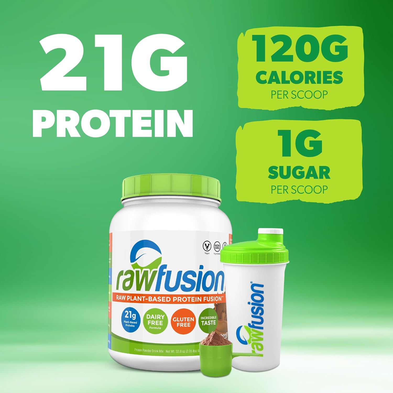 SAN Rawfusion Vegan Protein Powder, Natural Chocolate - 30 Servings, 21g Plant-Based Protein, Low Net Carbs, Non-Dairy, Gluten/Lactose Free, Soy Free, Kosher, Non-GMO - 2lbs