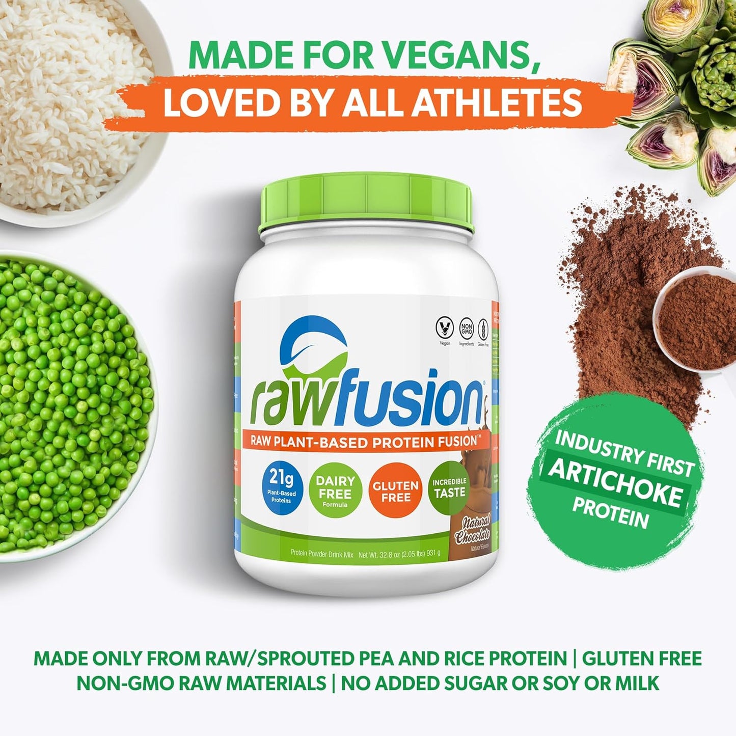 SAN Rawfusion Vegan Protein Powder, Natural Chocolate - 30 Servings, 21g Plant-Based Protein, Low Net Carbs, Non-Dairy, Gluten/Lactose Free, Soy Free, Kosher, Non-GMO - 2lbs