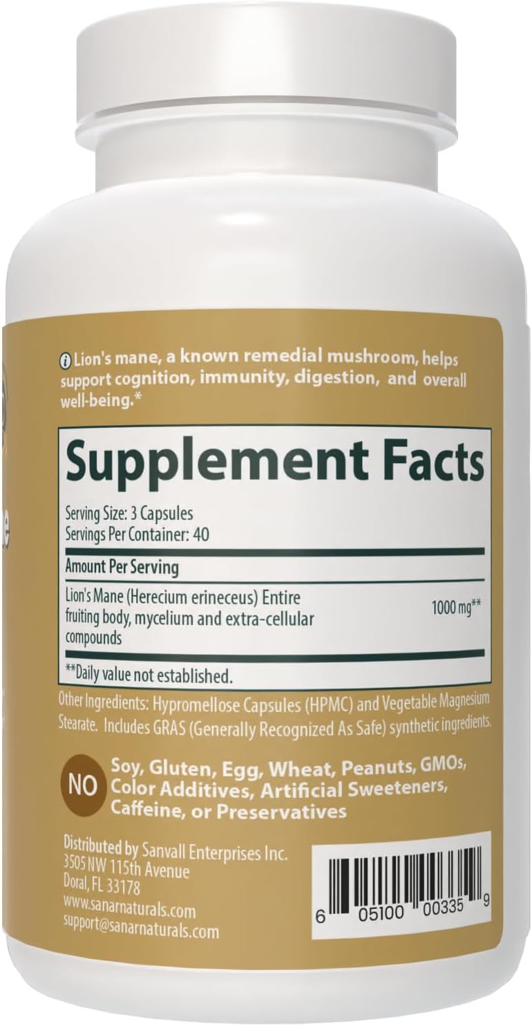 Sanar Naturals Lions Mane Supplement Capsules - Enhances Brain Function, Focus, Memory - Immune Health Support - Mushroom Lions Mane Powder - Non-GMO, Gluten-Free, 120 Pills