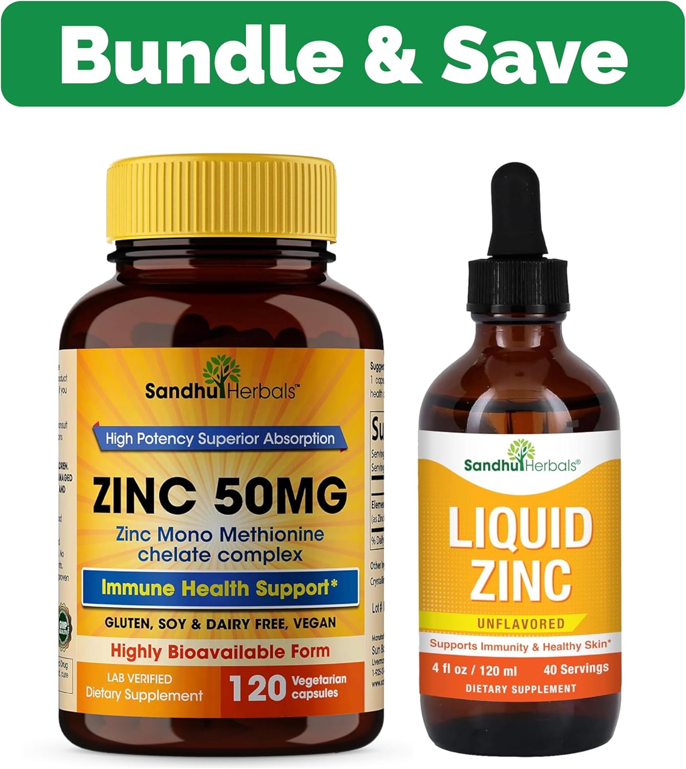 Sandhu Herbals Zinc Capsules & Liquid Drops Bundle - 120 Count Capsules and 4 Oz Drops for Immune and Skin Health - Made in USA