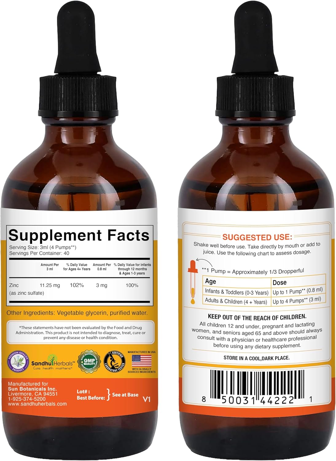 Sandhu Herbals Zinc Capsules & Liquid Drops Bundle - 120 Count Capsules and 4 Oz Drops for Immune and Skin Health - Made in USA