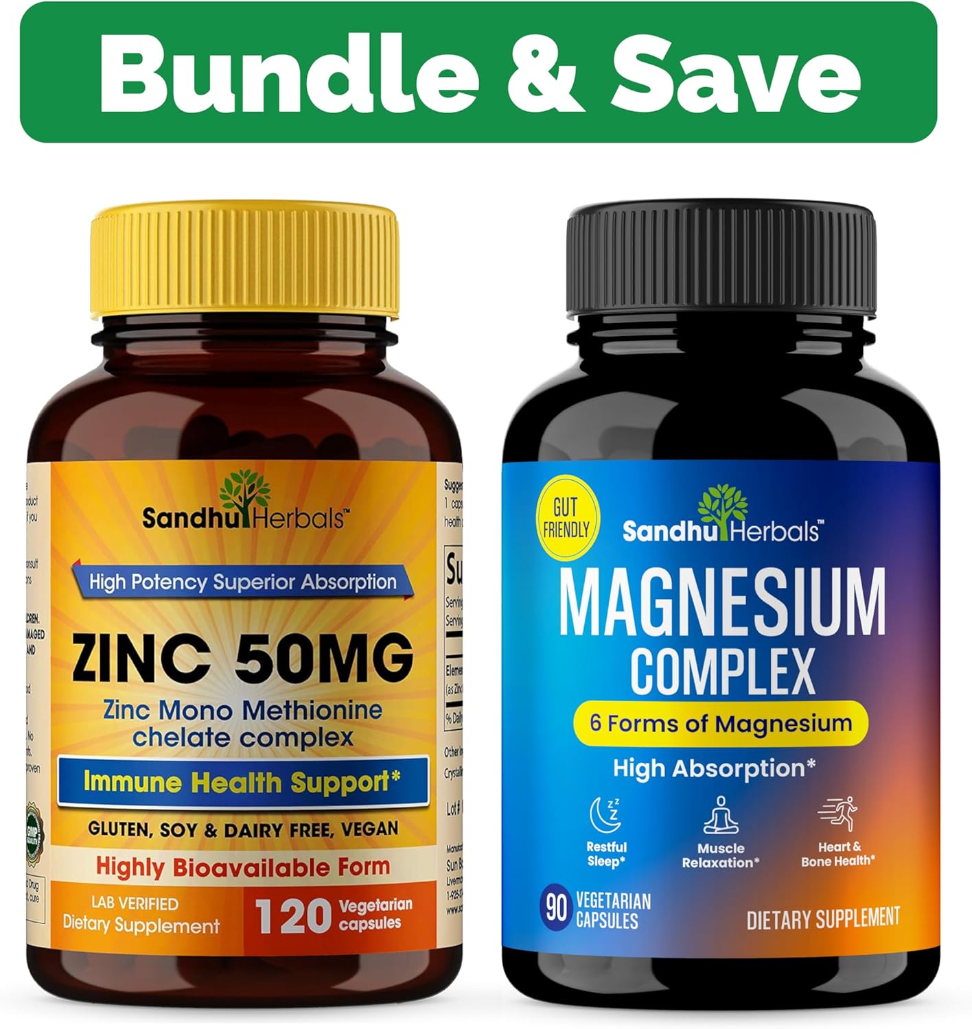 Sandhu Herbals Zinc & Magnesium 6-in-1 Complex Supplement Combo - Immune, Sleep, Heart, Bone Health Support
