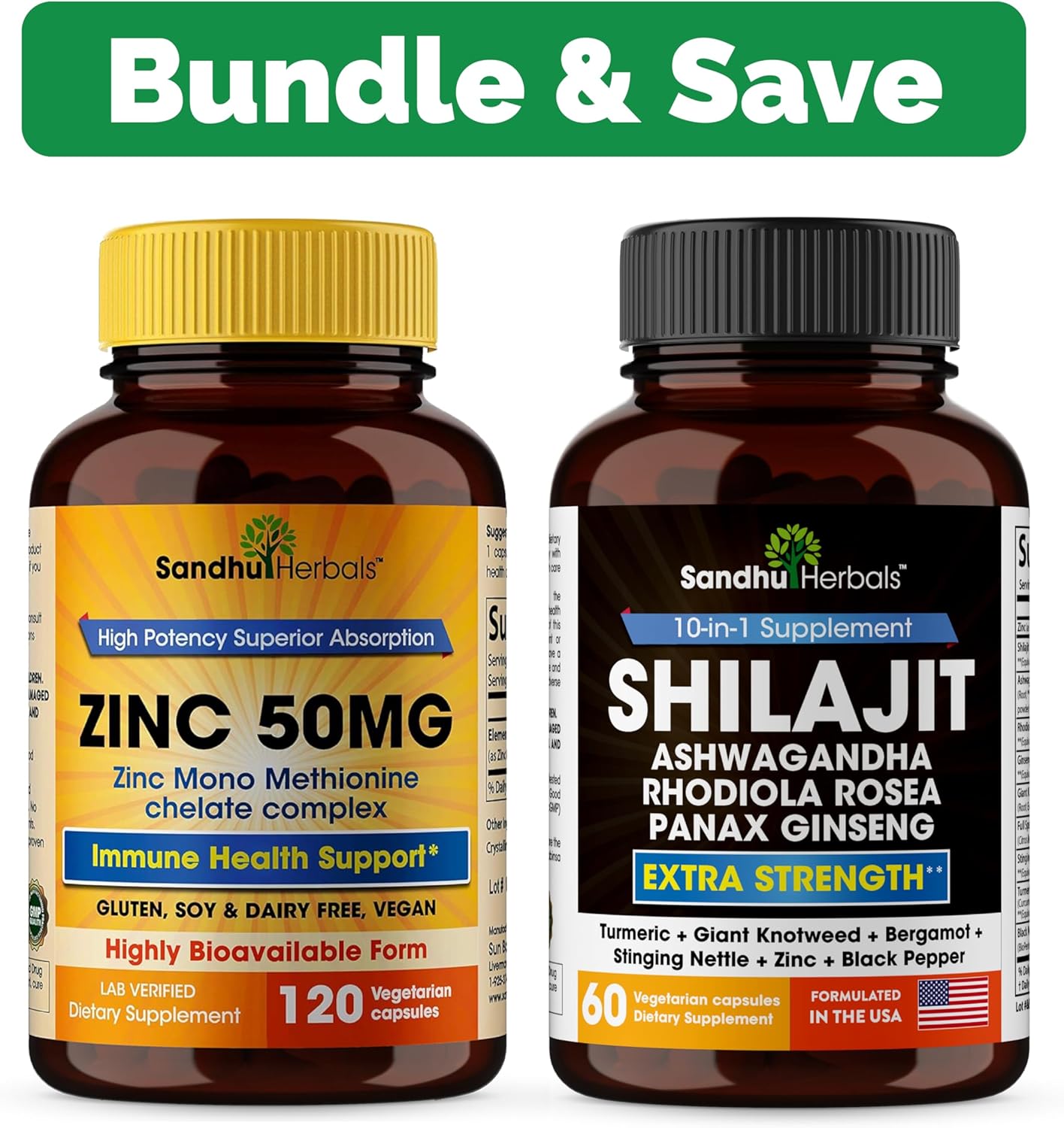 Sandhu Herbals Zinc & Shilajit Pure Himalayan Supplement - 50 mg Zinc, 10 in 1 Formula for Immune Support and Natural Energy - Made in USA