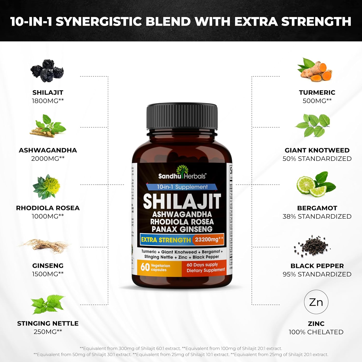 Sandhu Herbals Zinc & Shilajit Pure Himalayan Supplement - 50 mg Zinc, 10 in 1 Formula for Immune Support and Natural Energy - Made in USA