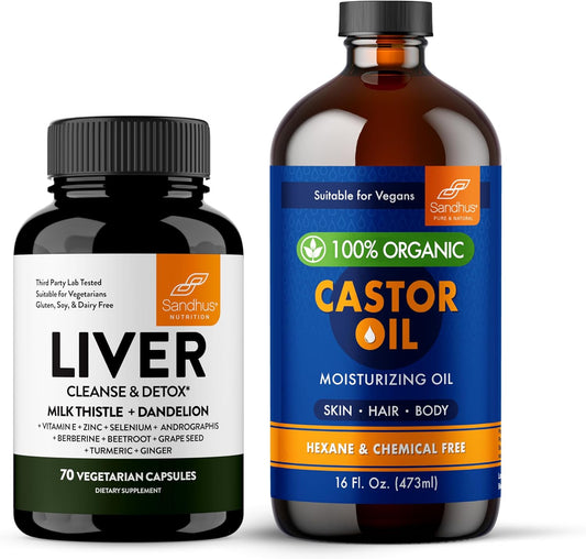 Sandhu's Liver Renew Cleanse & Organic Castor Oil 16 fl. Oz| Supports Liver, Body, Eyelashes, Hair & Skin Health | All-Natural Formula