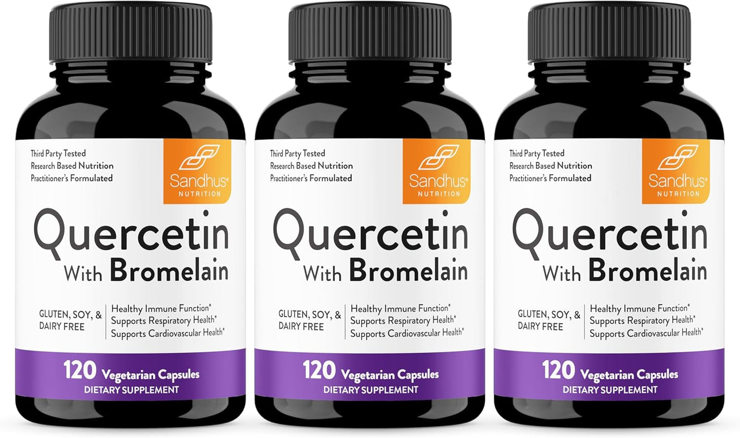 Sandhu's Quercetin with Bromelain 1000mg 120 Count (Pack of 3) Vegetarian Capsules - Immune & Respiratory Health Support Bioflavonoids