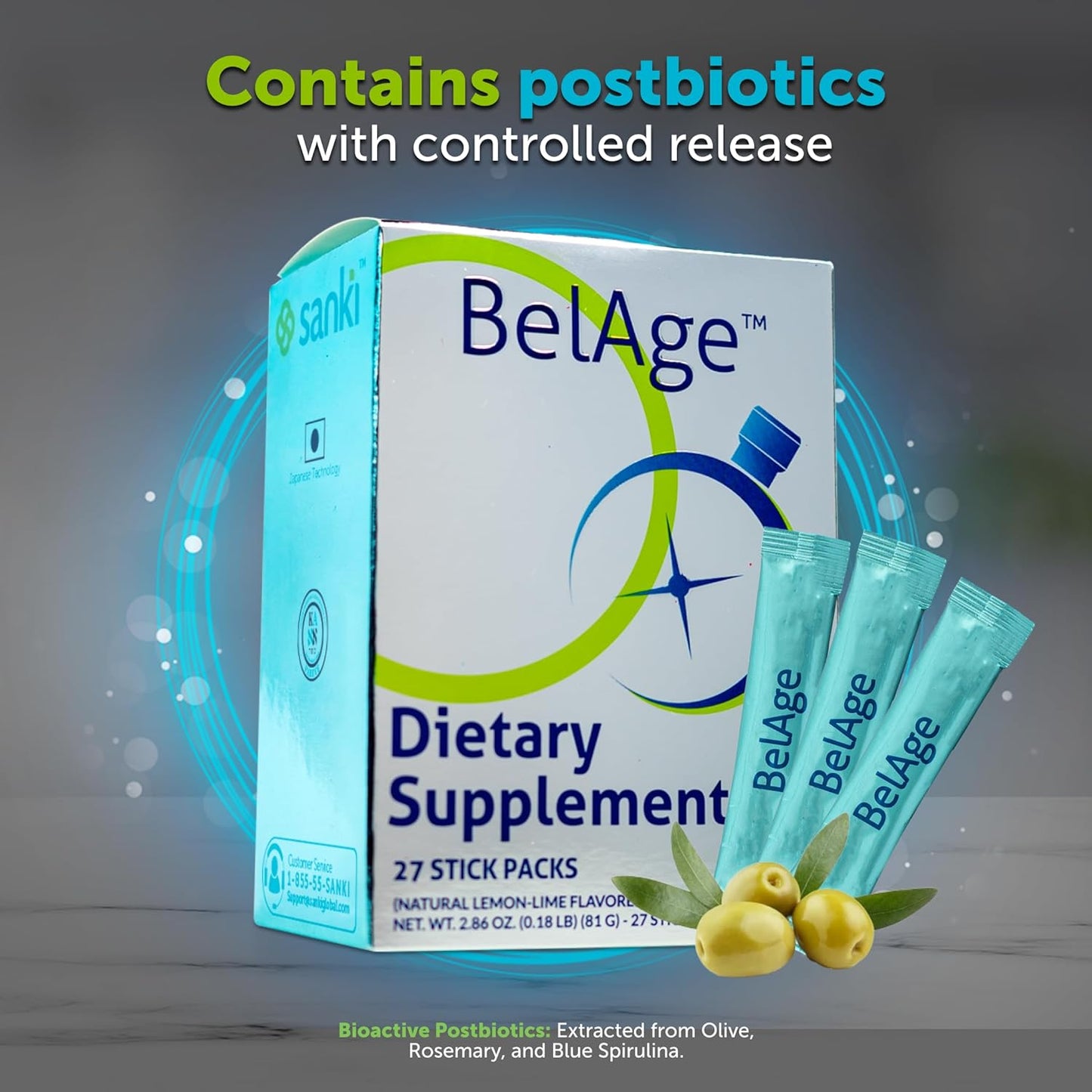 Sanki Global Belage Postbiotic Powder for Enhanced Sports Performance and Energy - Natural Flavored, Gluten Free - 2.86 oz, 27 Sticks (Lemon Lime)