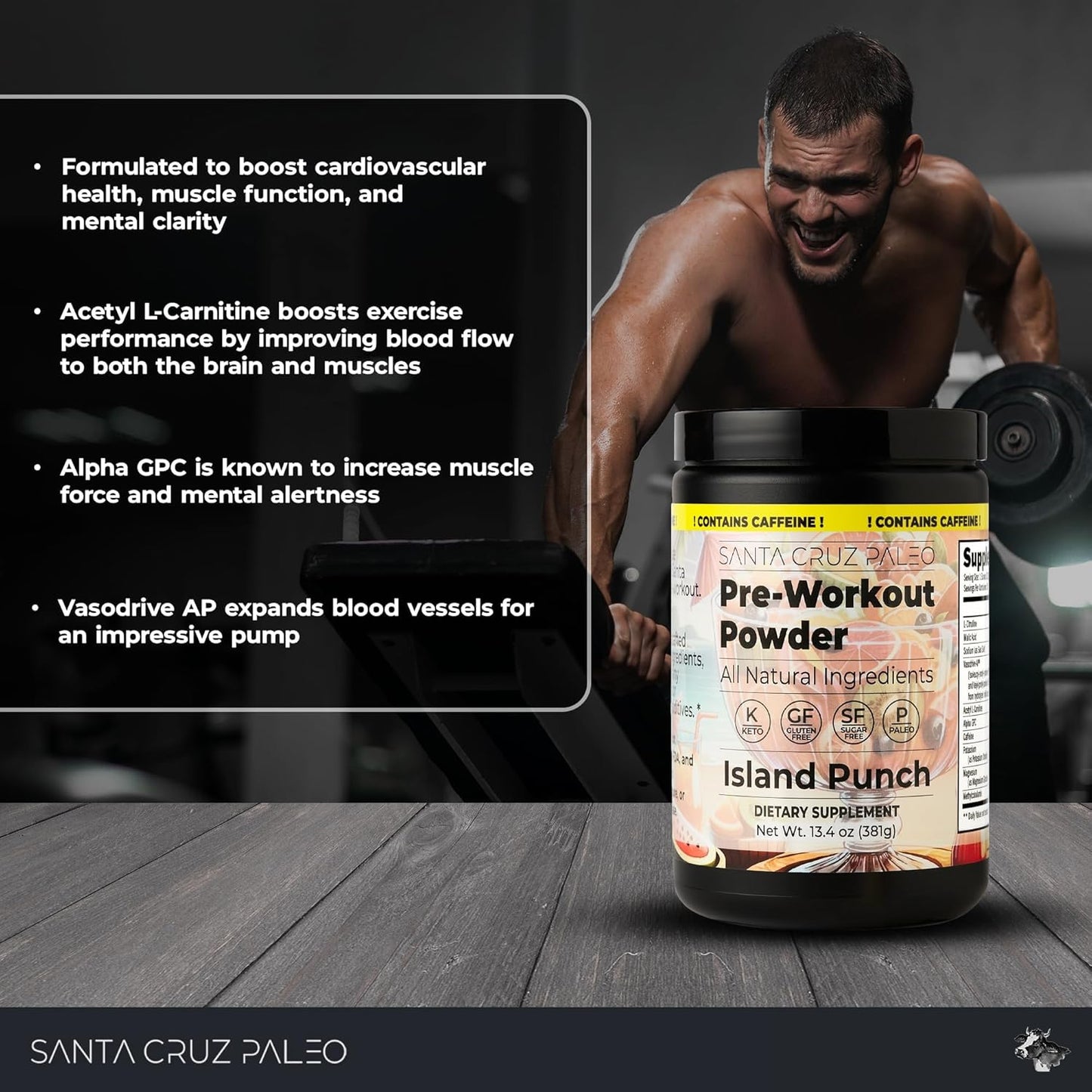 Santa Cruz Island Punch Paleo Pre Workout Powder with Electrolytes, Caffeine, and L-Citrulline - Sugar-Free Energy & Hydration Drink Mix - 30 Servings
