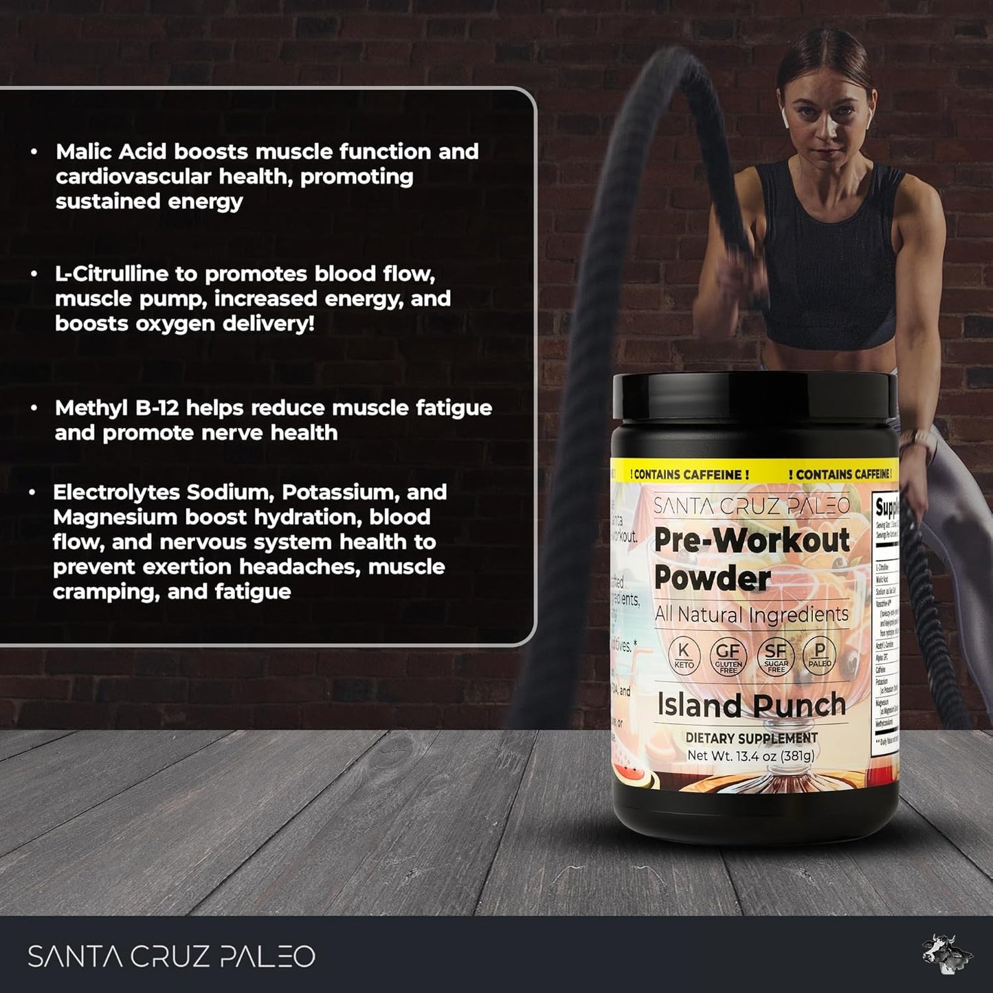 Santa Cruz Island Punch Paleo Pre Workout Powder with Electrolytes, Caffeine, and L-Citrulline - Sugar-Free Energy & Hydration Drink Mix - 30 Servings
