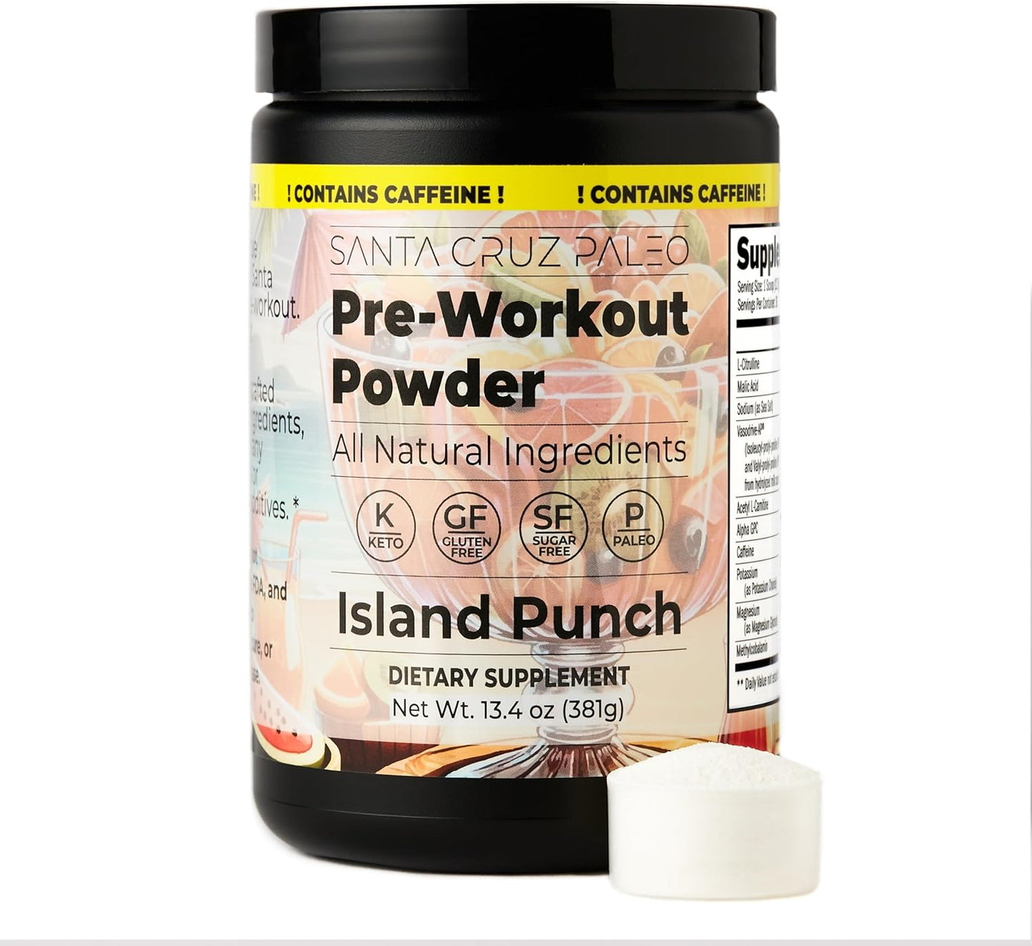 Santa Cruz Island Punch Paleo Pre Workout Powder with Electrolytes, Caffeine, and L-Citrulline - Sugar-Free Energy & Hydration Drink Mix - 30 Servings