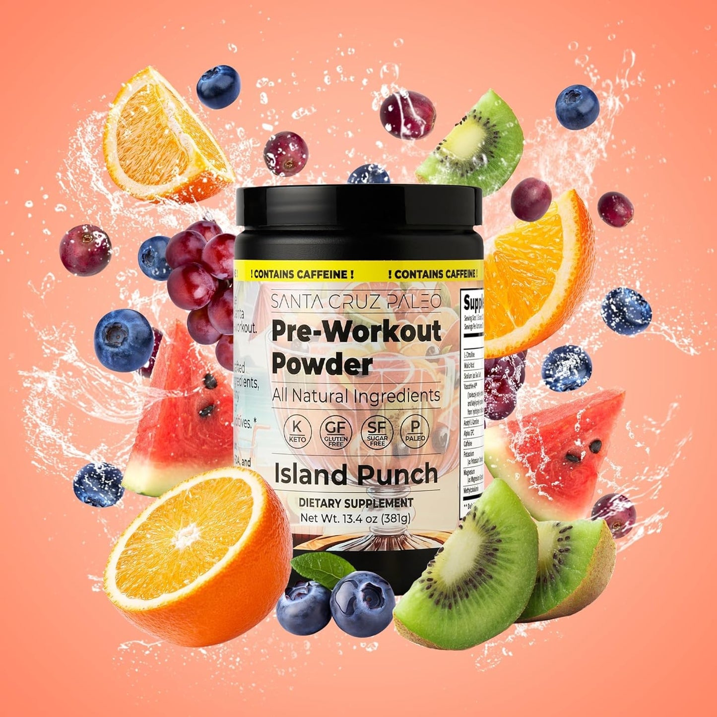 Santa Cruz Island Punch Paleo Pre Workout Powder with Electrolytes, Caffeine, and L-Citrulline - Sugar-Free Energy & Hydration Drink Mix - 30 Servings