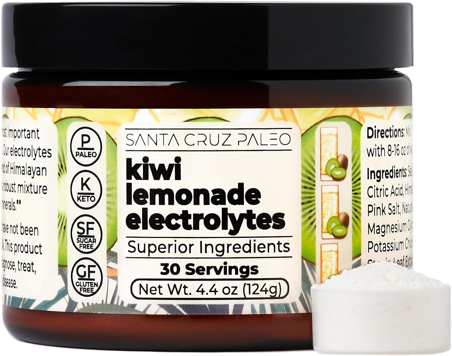 Santa Cruz Kiwi Lemonade Paleo Electrolyte Powder with Himalayan Salt, Sea Salt, Magnesium, Potassium - Sugar-Free, 30 Servings