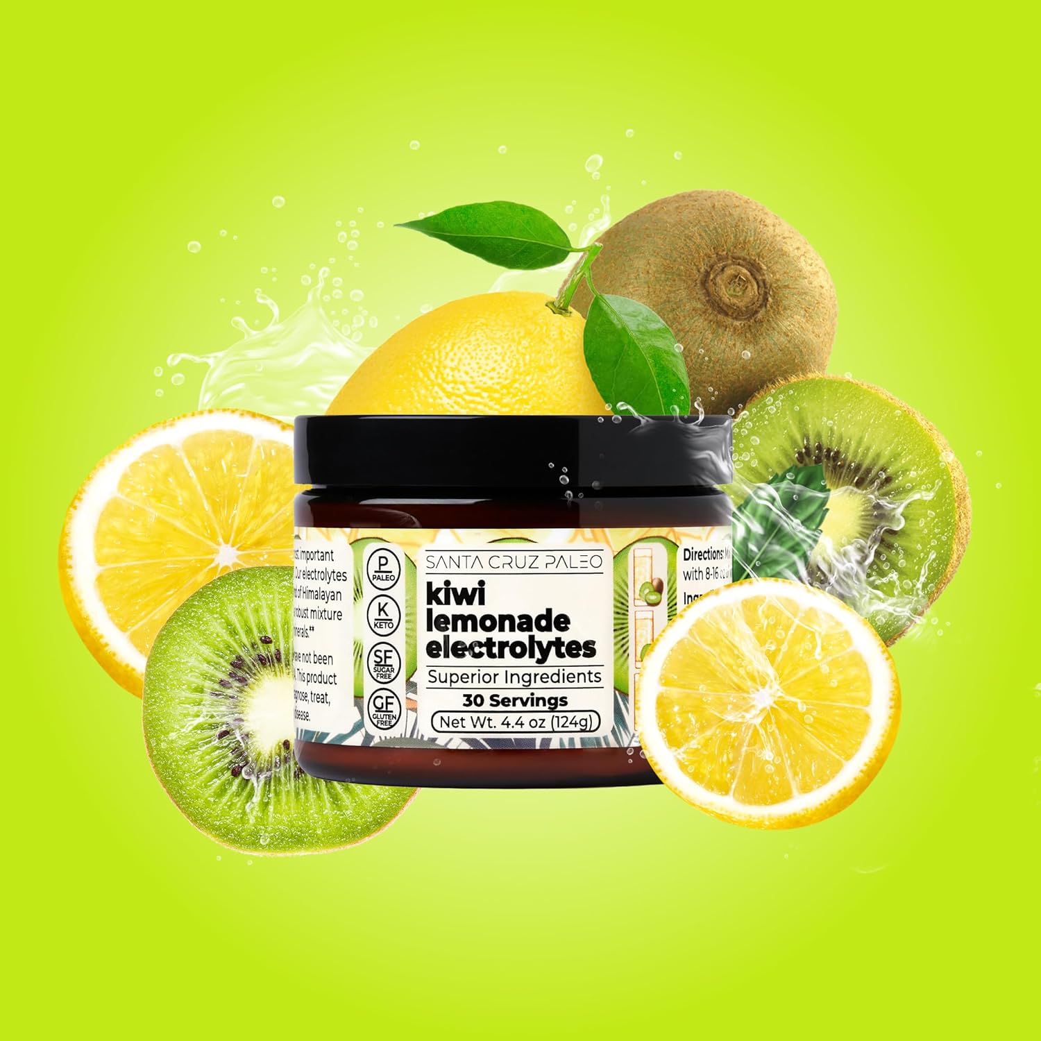 Santa Cruz Kiwi Lemonade Paleo Electrolyte Powder with Himalayan Salt, Sea Salt, Magnesium, Potassium - Sugar-Free, 30 Servings