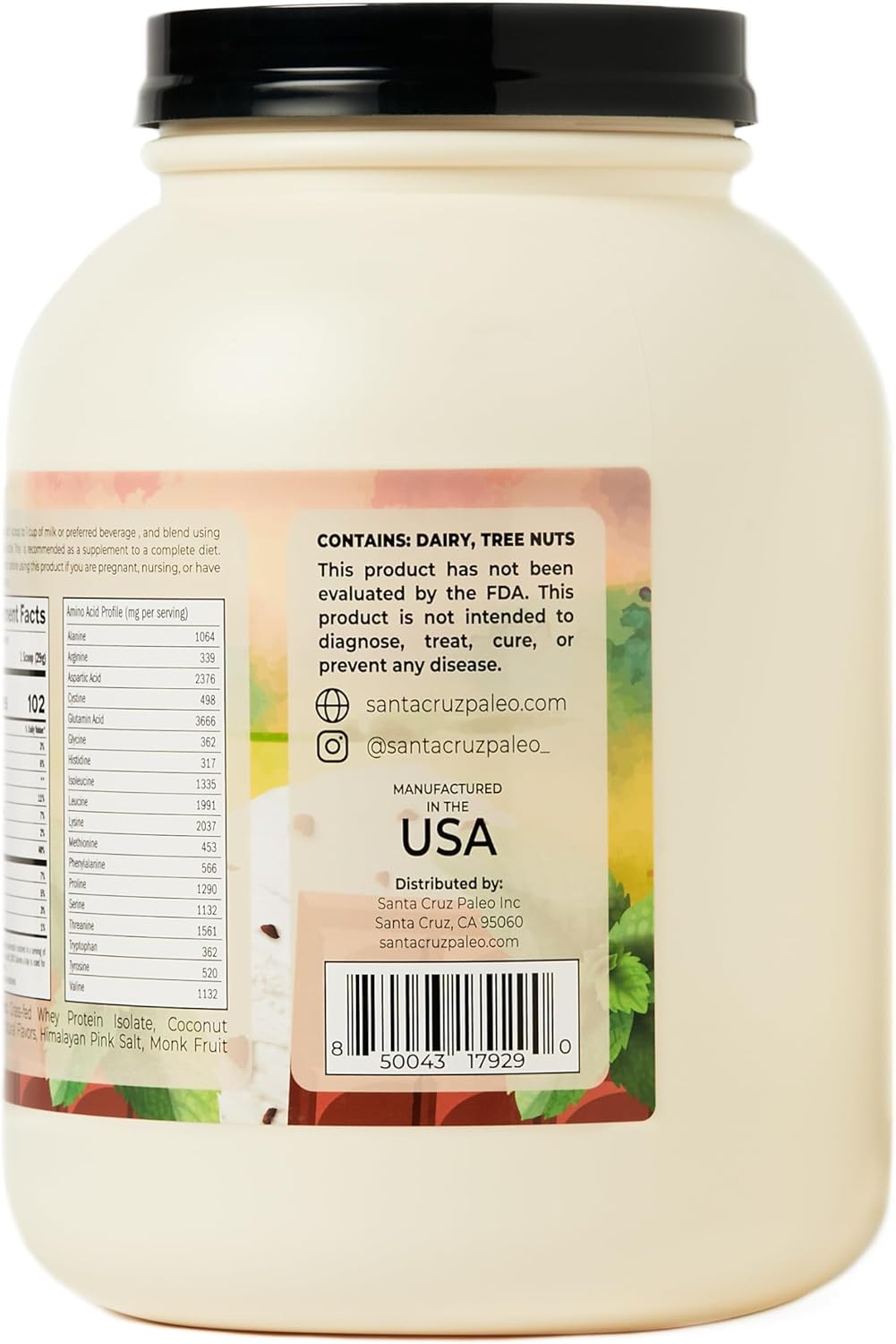Santa Cruz Mint Chip Paleo Whey Protein Powder - 20g Grass Fed Isolate, Gluten Free, Keto, Sugar Free - Natural Post Workout Muscle Support - 50 Servings, 3.2 Lb Tub