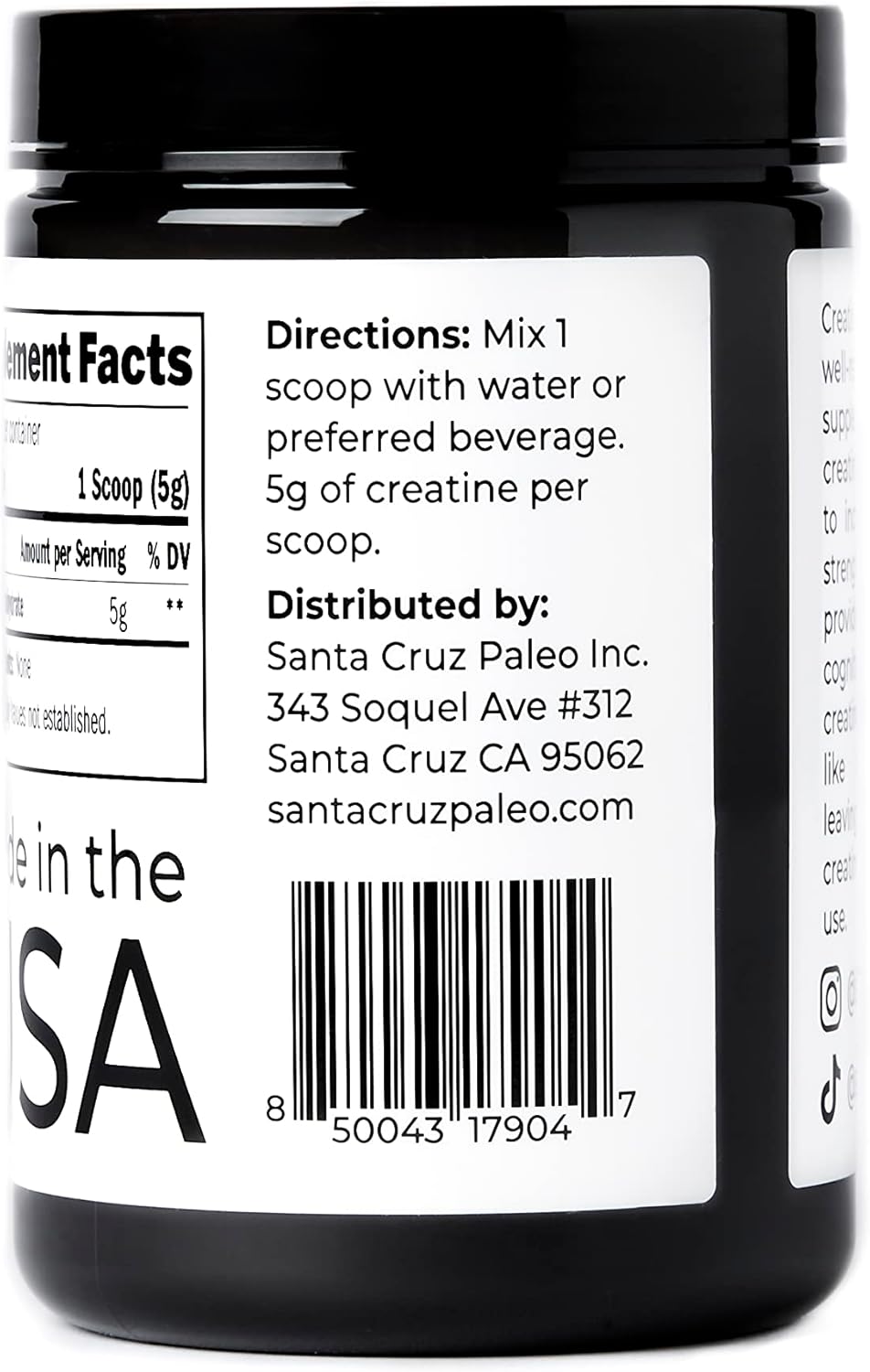 Santa Cruz Paleo Creatine Monohydrate Powder - Gluten Free, Keto, Sugar Free - Muscle Growth & Energy Support - No Fillers - 14.1oz, 80 Servings