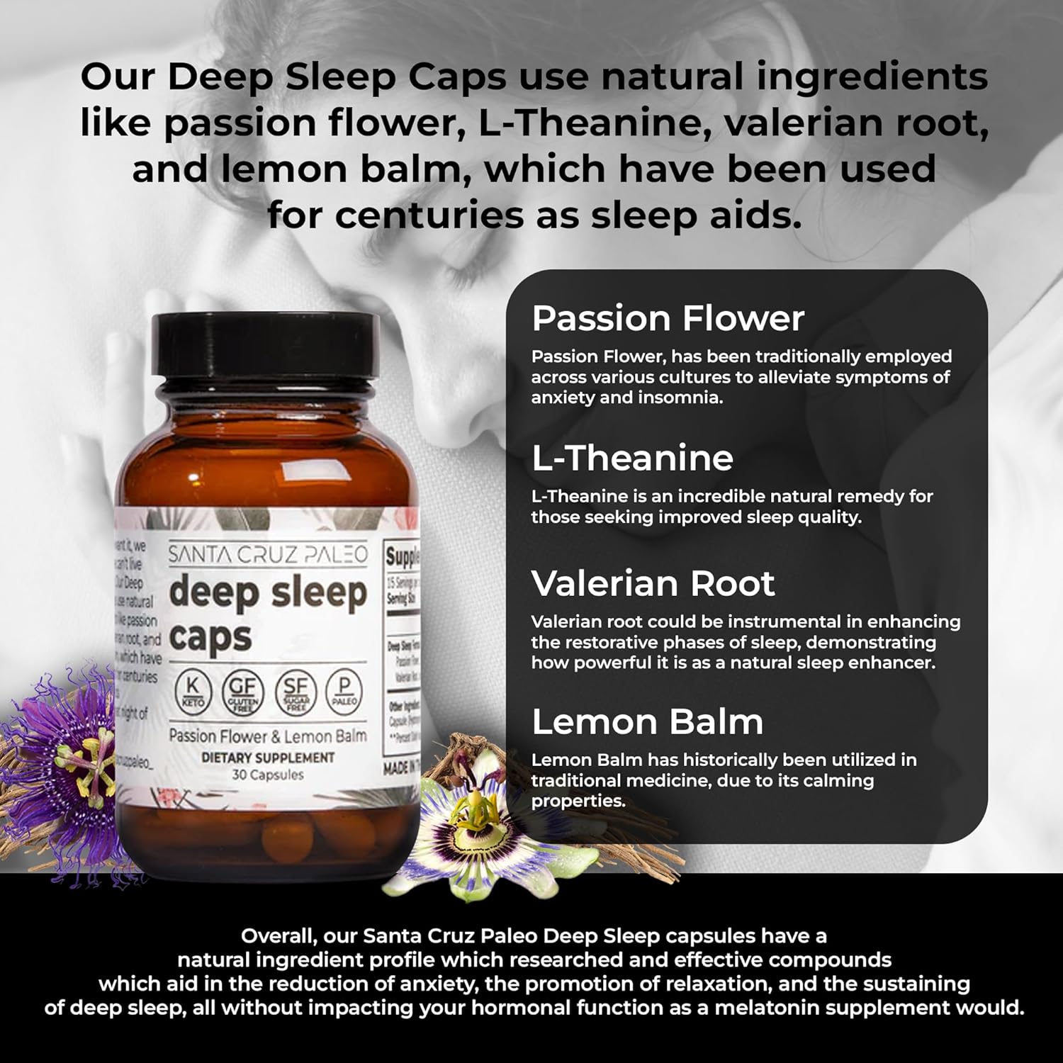 Santa Cruz Paleo L-Theanine Supplement for Relaxation and Sleep Support with Lemon Balm, Valerian Root, Passion Flower - 600mg, 30 Capsules