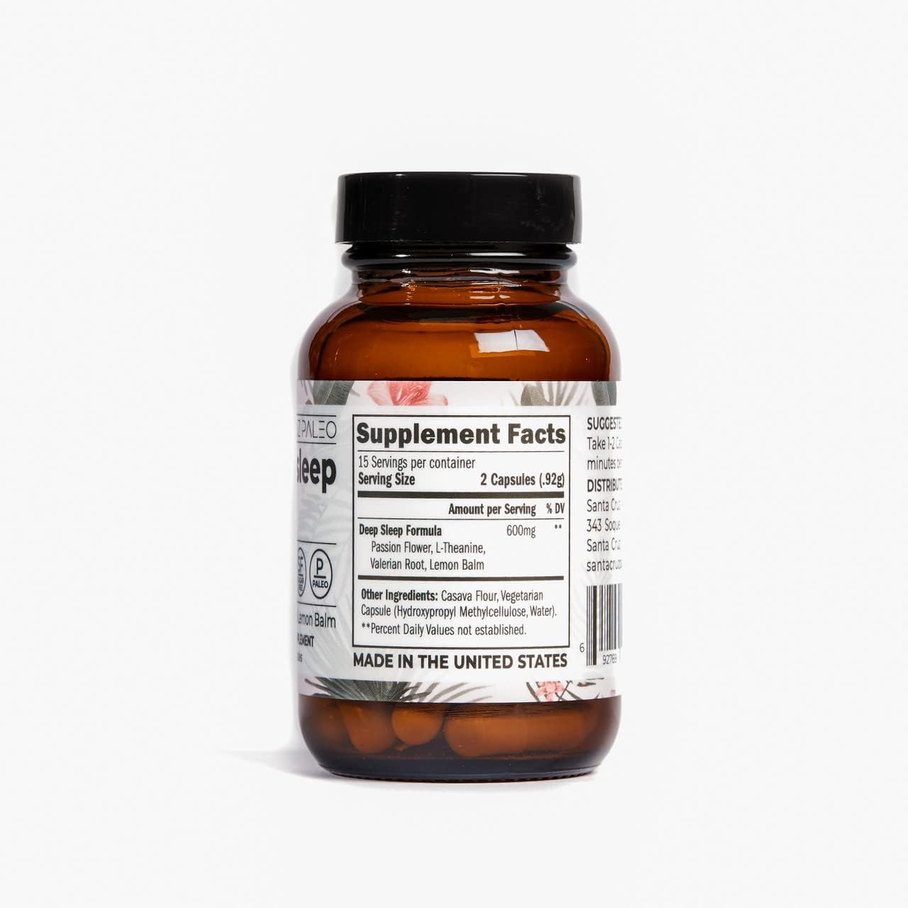 Santa Cruz Paleo L-Theanine Supplement for Relaxation and Sleep Support with Lemon Balm, Valerian Root, Passion Flower - 600mg, 30 Capsules