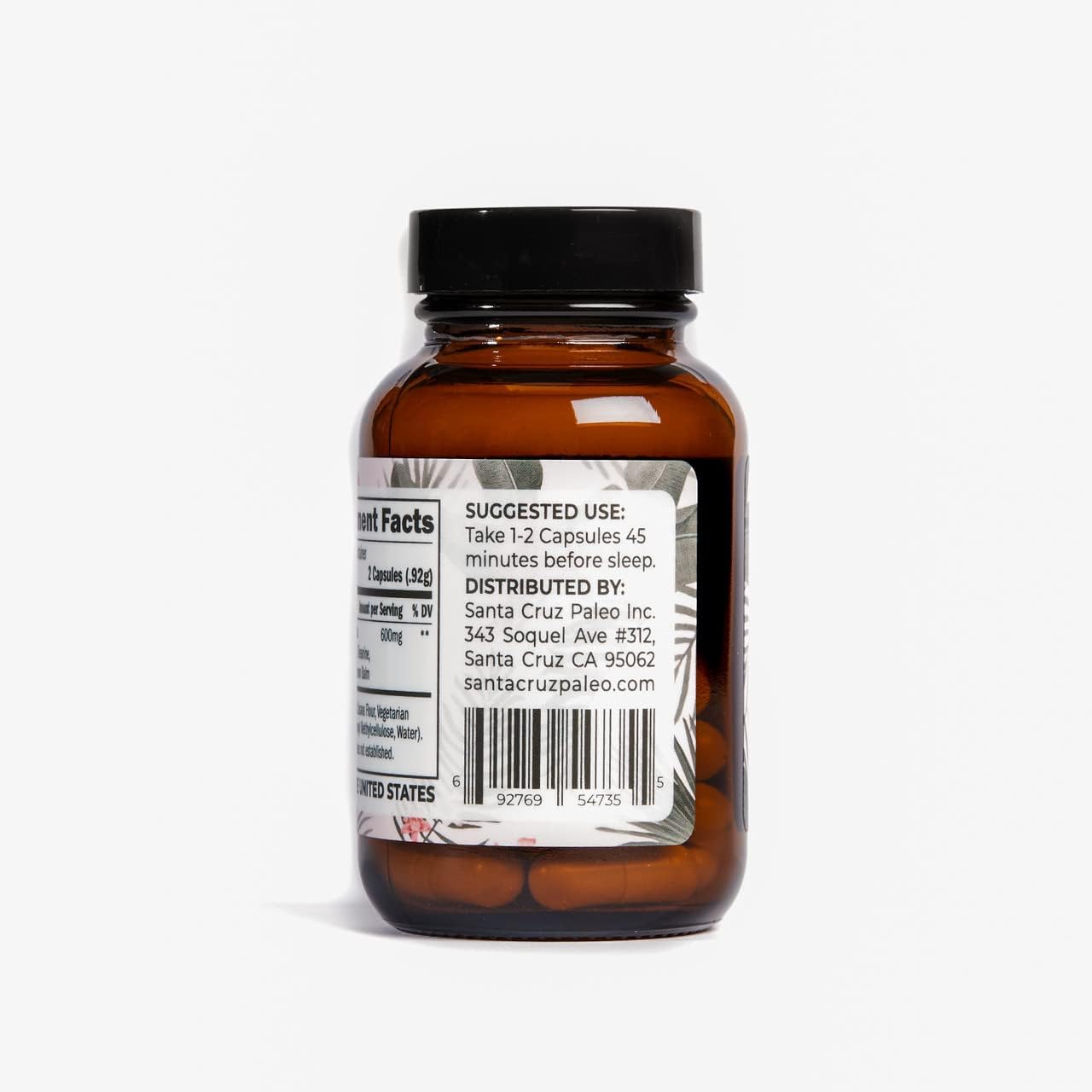 Santa Cruz Paleo L-Theanine Supplement for Relaxation and Sleep Support with Lemon Balm, Valerian Root, Passion Flower - 600mg, 30 Capsules