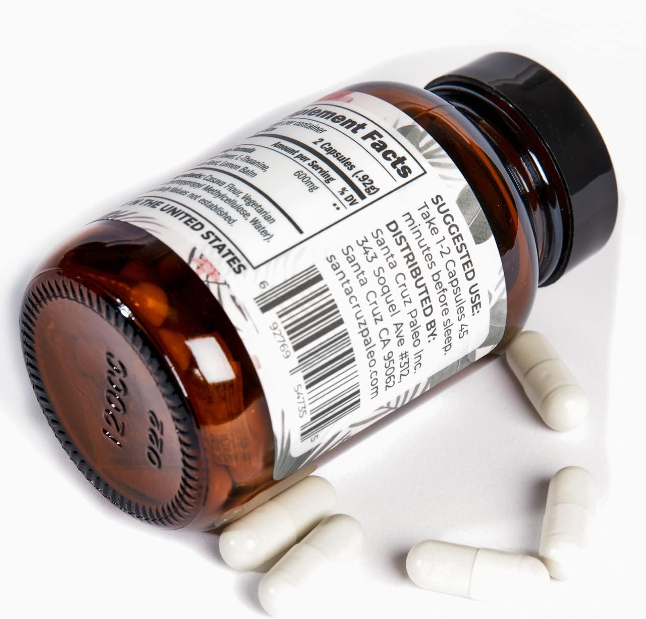 Santa Cruz Paleo L-Theanine Supplement for Relaxation and Sleep Support with Lemon Balm, Valerian Root, Passion Flower - 600mg, 30 Capsules