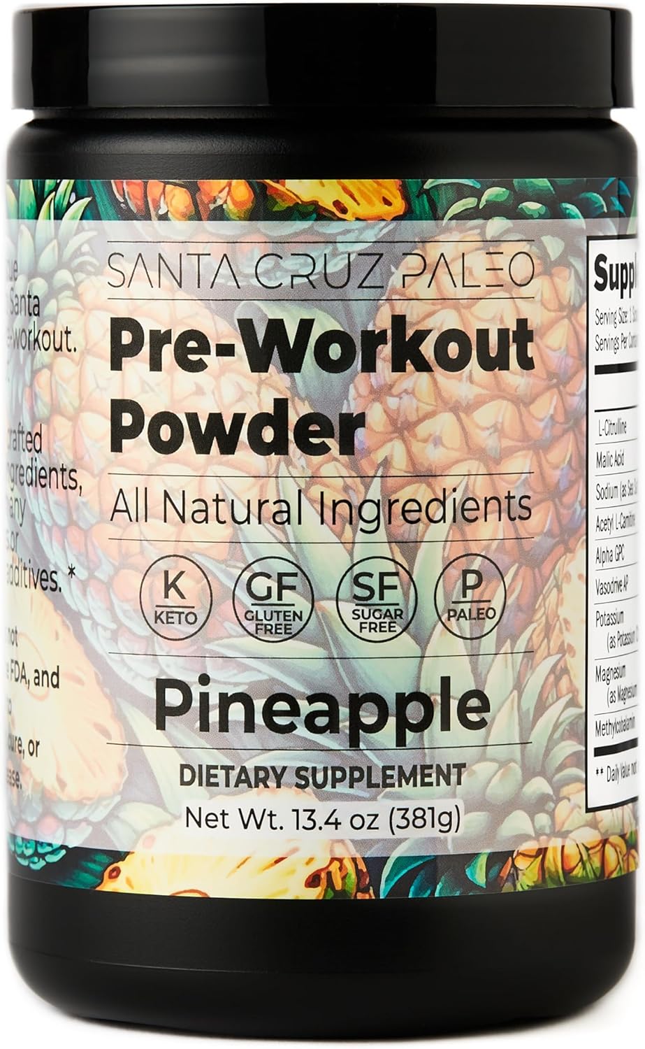 Santa Cruz Paleo Pineapple Pre Workout Powder with Electrolytes, Magnesium, Potassium, L-Citrulline - Caffeine & Sugar Free - Energy & Hydration Drink Mix - 30 Servings
