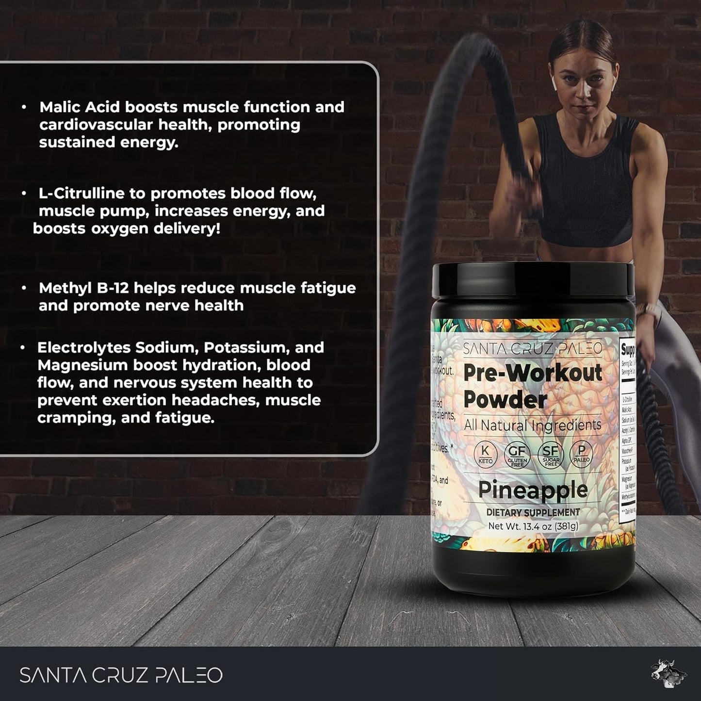 Santa Cruz Paleo Pineapple Pre Workout Powder with Electrolytes, Magnesium, Potassium, L-Citrulline - Caffeine & Sugar Free - Energy & Hydration Drink Mix - 30 Servings