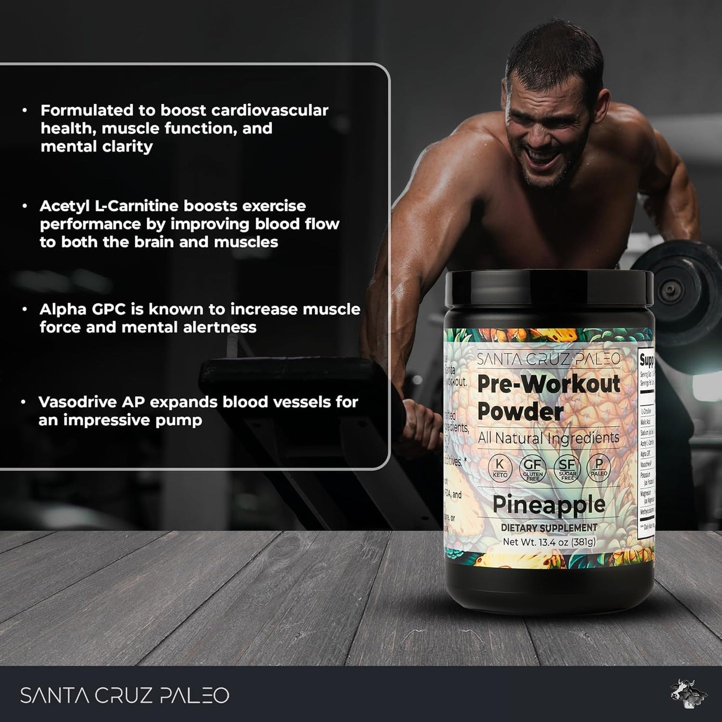 Santa Cruz Paleo Pineapple Pre Workout Powder with Electrolytes, Magnesium, Potassium, L-Citrulline - Caffeine & Sugar Free - Energy & Hydration Drink Mix - 30 Servings