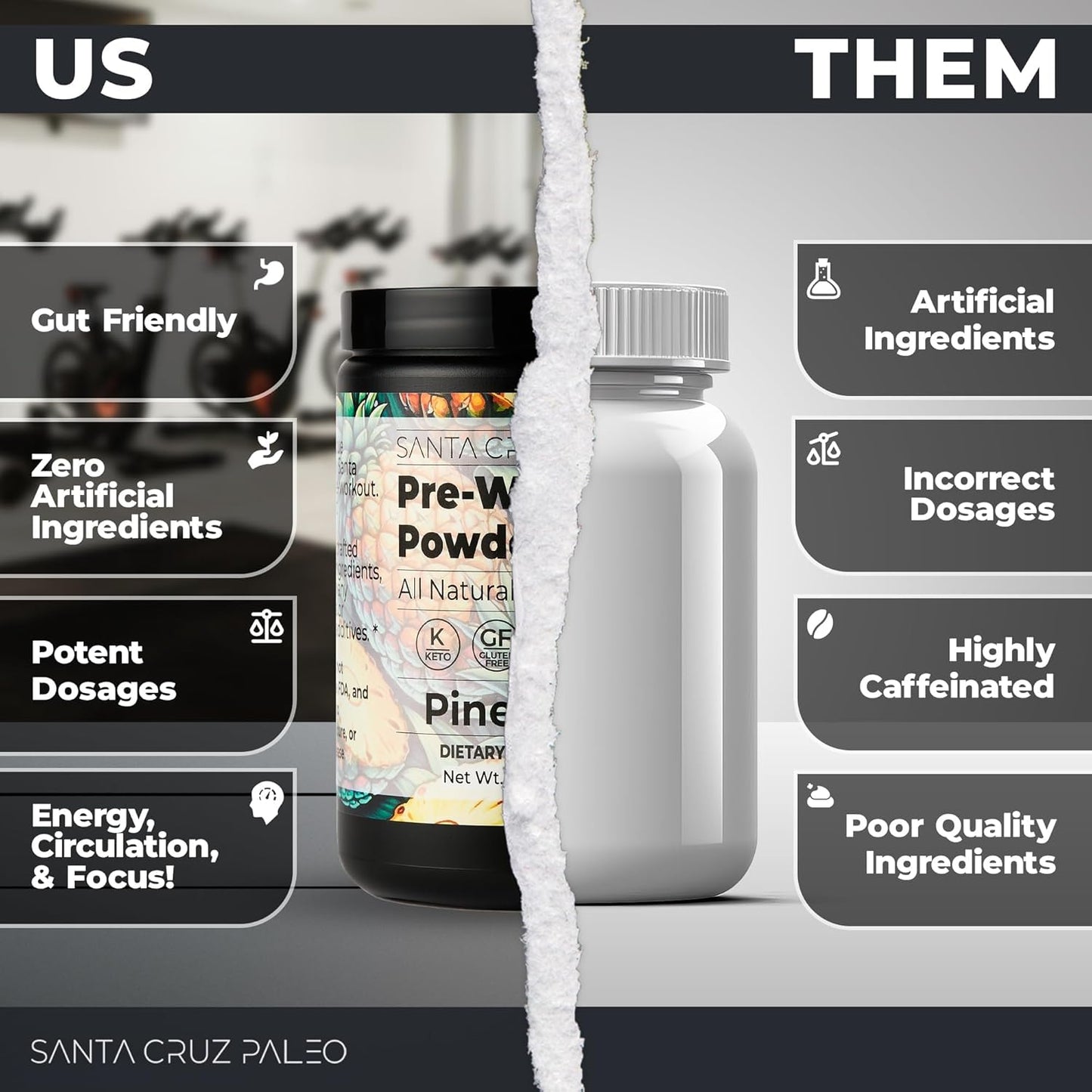 Santa Cruz Paleo Pineapple Pre Workout Powder with Electrolytes, Magnesium, Potassium, L-Citrulline - Caffeine & Sugar Free - Energy & Hydration Drink Mix - 30 Servings
