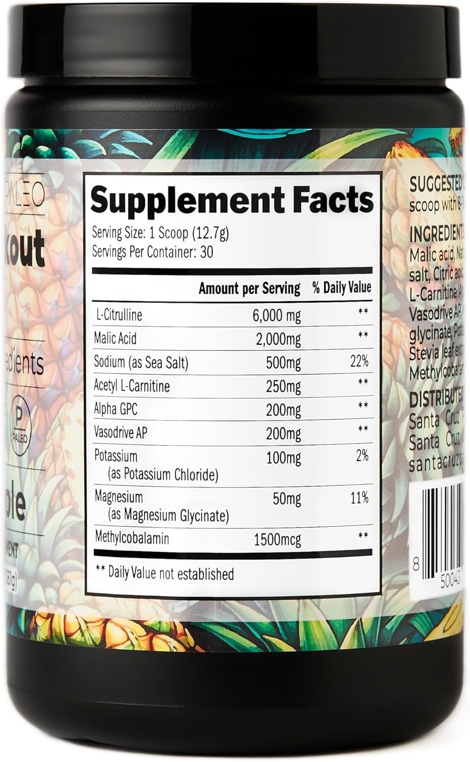 Santa Cruz Paleo Pineapple Pre Workout Powder with Electrolytes, Magnesium, Potassium, L-Citrulline - Caffeine & Sugar Free - Energy & Hydration Drink Mix - 30 Servings