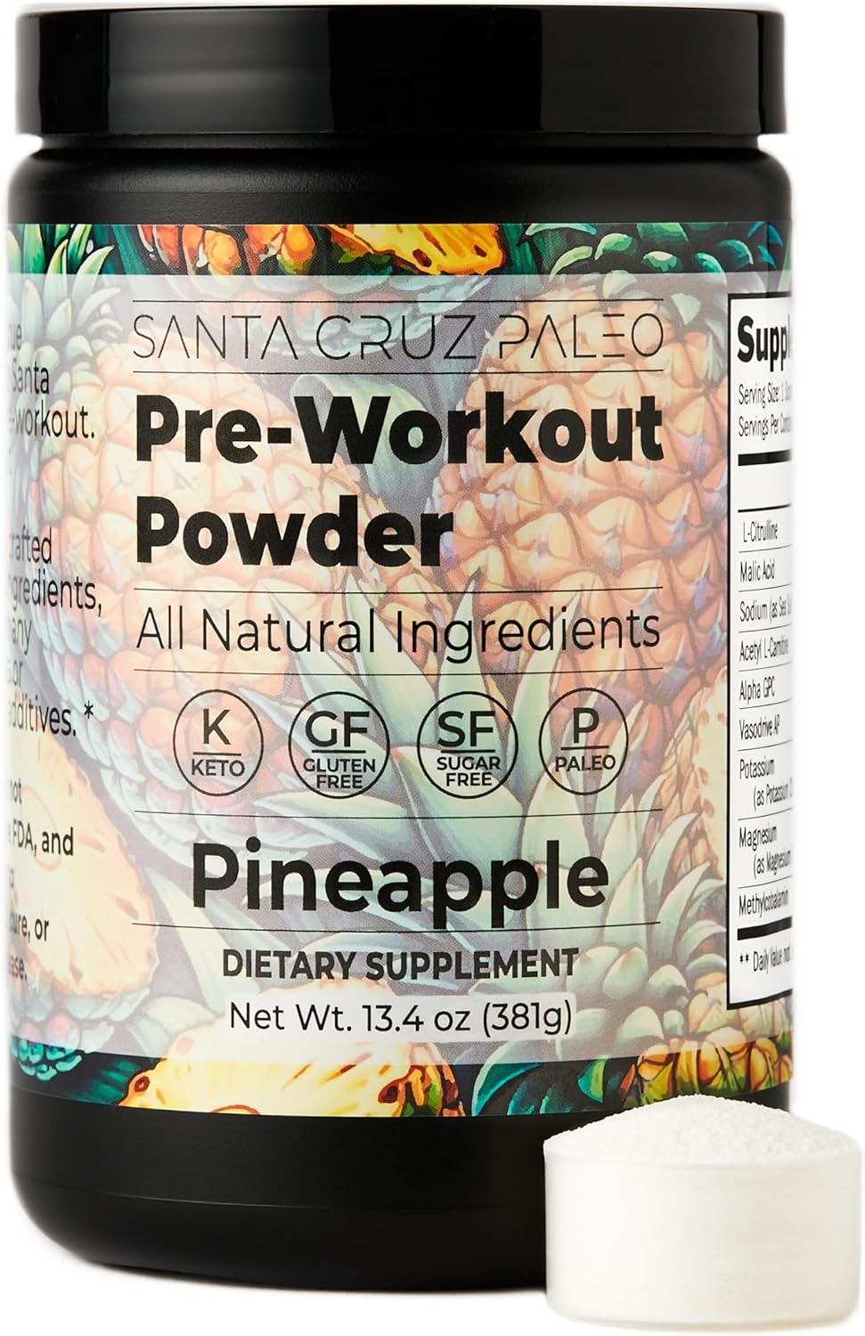 Santa Cruz Paleo Pineapple Pre Workout Powder with Electrolytes, Magnesium, Potassium, L-Citrulline - Caffeine & Sugar Free - Energy & Hydration Drink Mix - 30 Servings