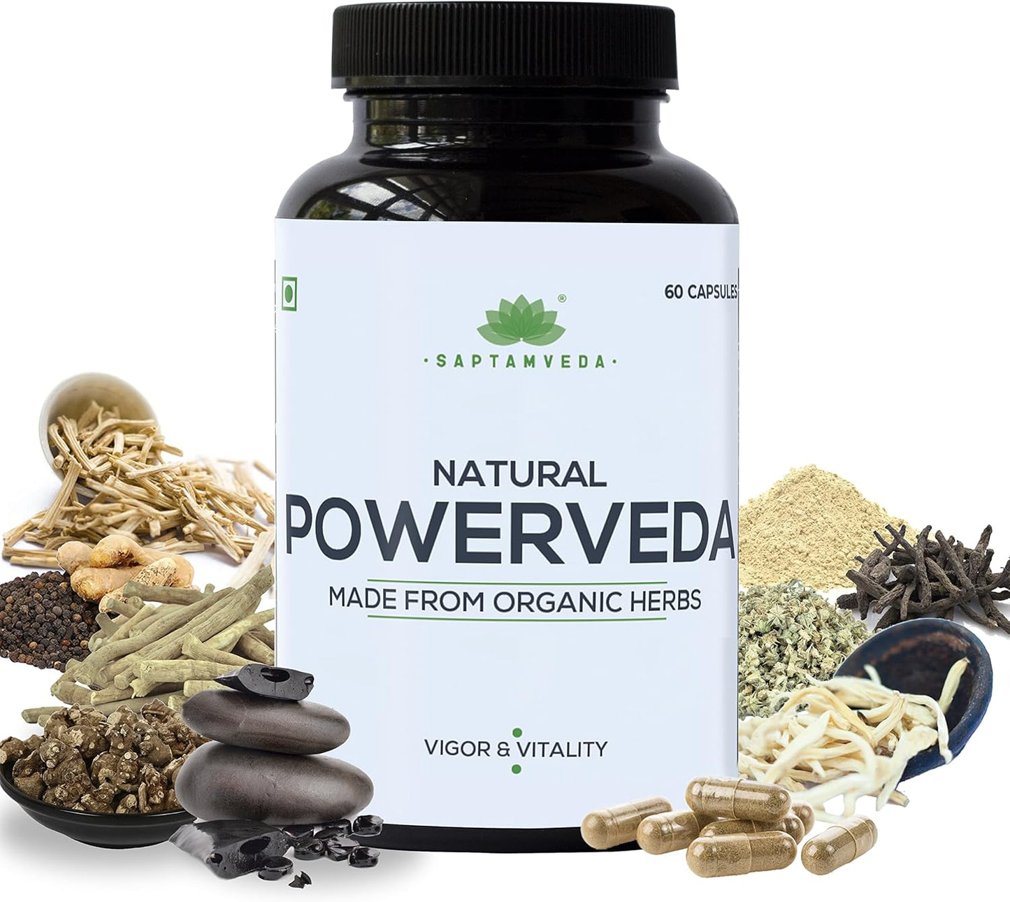 SAPTAMVEDA Natural Powerveda Capsules - 60 Veg Capsules (500 mg Each) for Men's Strength - Pack of 1