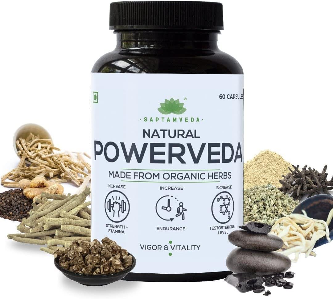 SAPTAMVEDA Natural Powerveda Capsules - 60 Veg Capsules (500 mg Each) for Men's Strength - Pack of 1