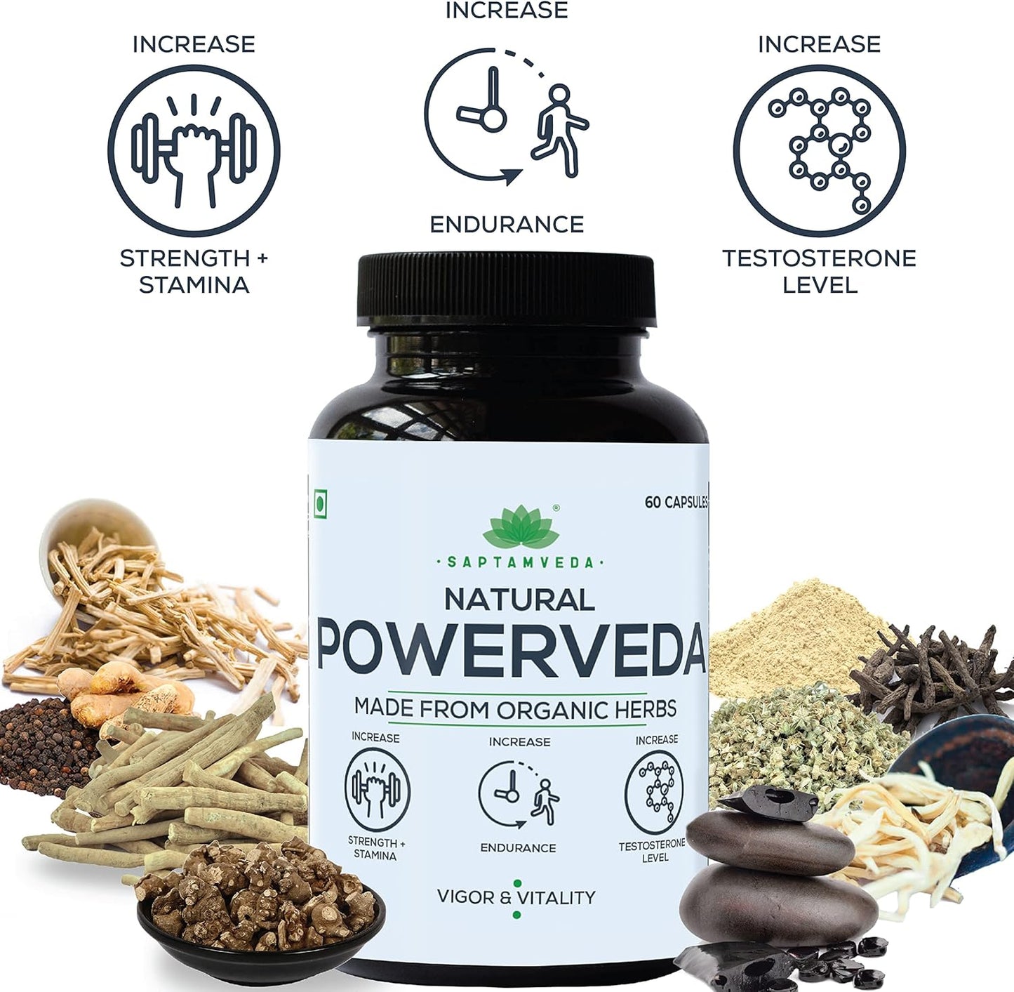 SAPTAMVEDA Natural Powerveda Capsules - 60 Veg Capsules (500 mg Each) for Men's Strength - Pack of 1