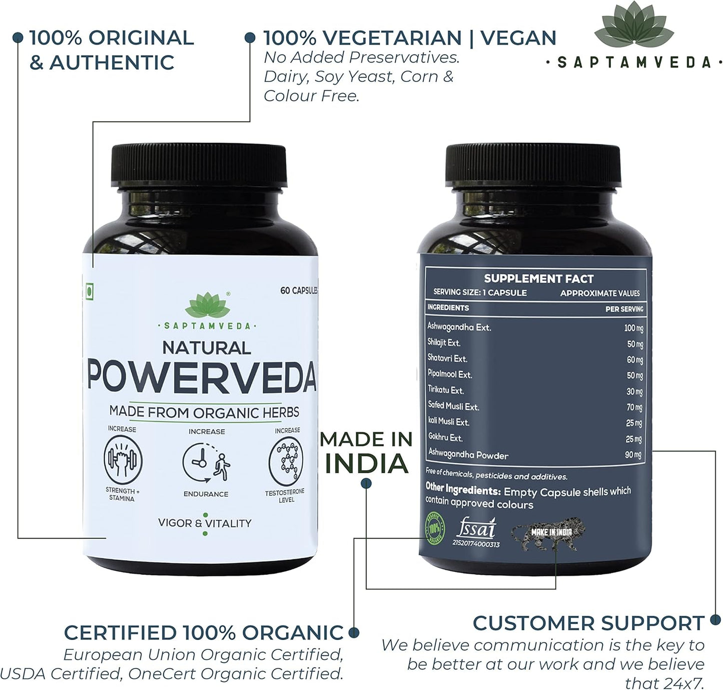 SAPTAMVEDA Natural Powerveda Capsules - 60 Veg Capsules (500 mg Each) for Men's Strength - Pack of 1