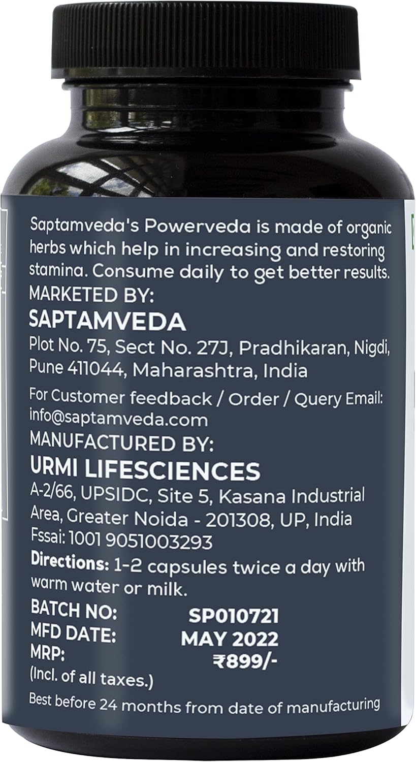 SAPTAMVEDA Natural Powerveda Capsules - 60 Veg Capsules (500 mg Each) for Men's Strength - Pack of 1