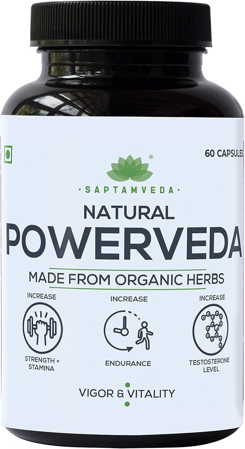 SAPTAMVEDA Natural Powerveda Capsules - 60 Veg Capsules (500 mg Each) for Men's Strength - Pack of 1