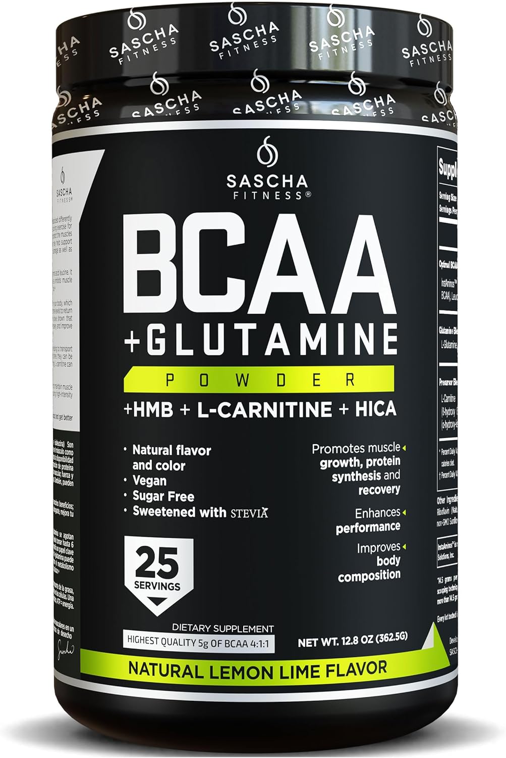SASCHA FITNESS BCAA Powder Blend with Glutamine, HMB, L-Carnitine, HICA - Natural Lemon Lime Flavor, 362.5g