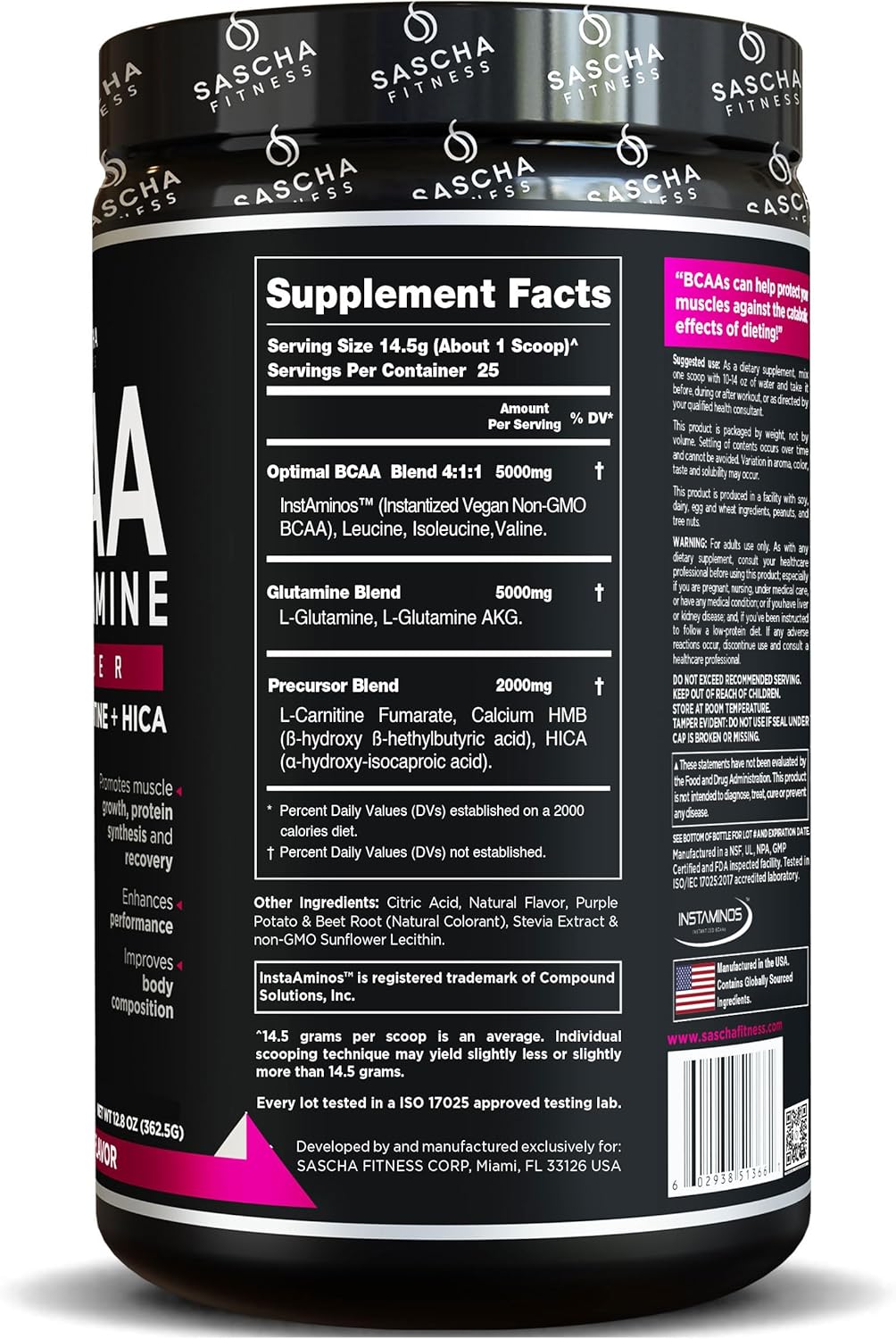 SASCHA FITNESS BCAA Powder Blend with Glutamine, HMB, L-Carnitine, HICA - Grape Flavor - 362.5g