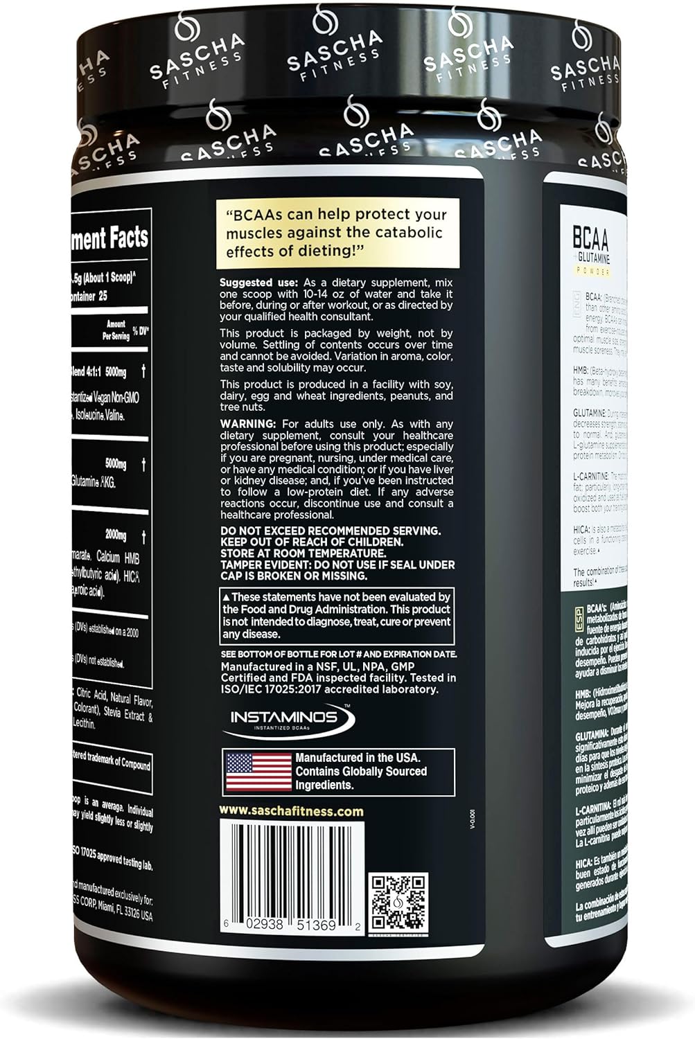 SASCHA FITNESS BCAA Powder Blend with Glutamine, HMB, L-Carnitine, HICA | Pre, Intra, Post-Workout | Natural Piña Colada, 362.5g