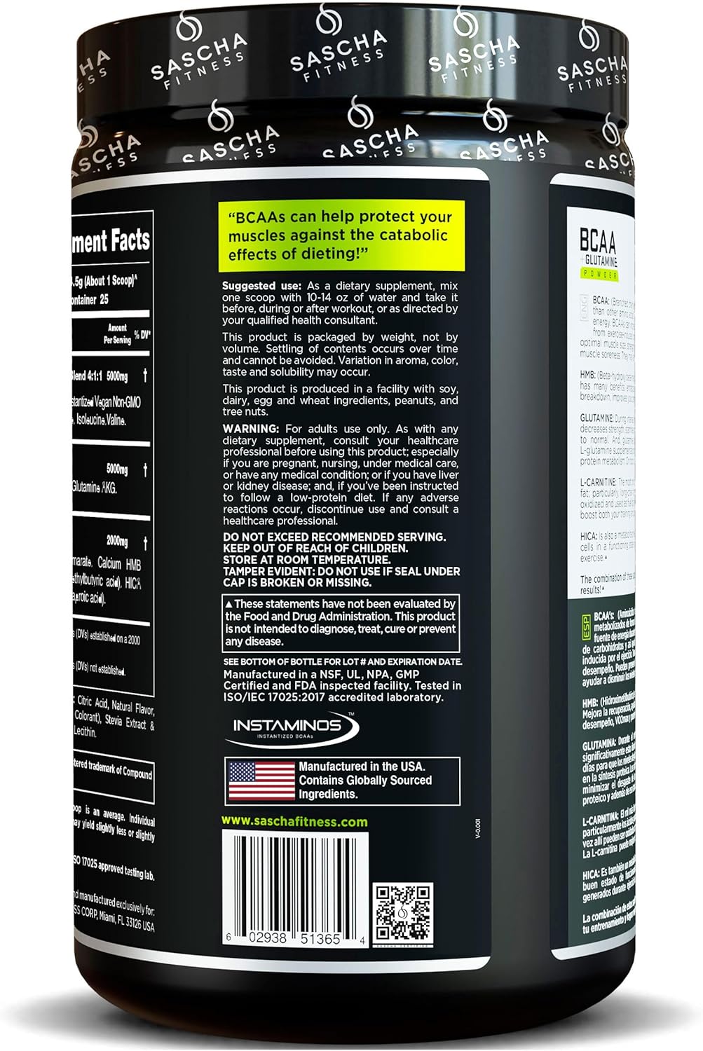 SASCHA FITNESS BCAA Powder Blend with Glutamine, HMB, L-Carnitine, HICA - Natural Lemon Lime Flavor, 362.5g