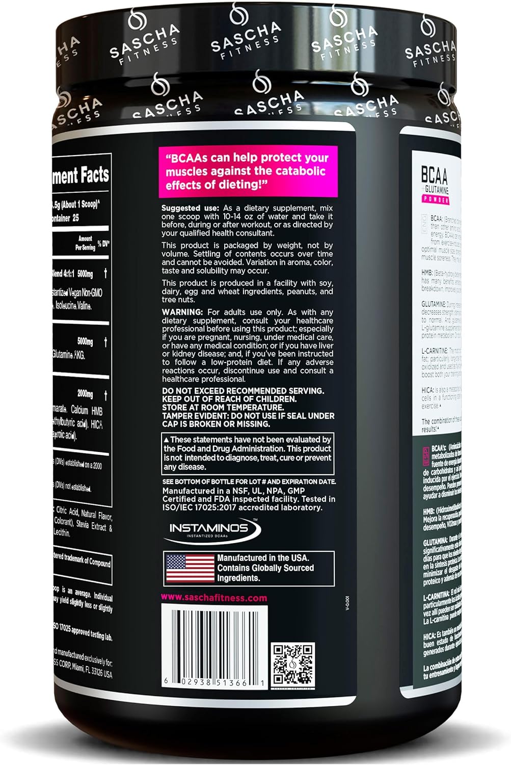 SASCHA FITNESS BCAA Powder Blend with Glutamine, HMB, L-Carnitine, HICA - Grape Flavor - 362.5g