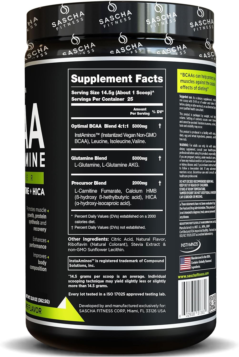 SASCHA FITNESS BCAA Powder Blend with Glutamine, HMB, L-Carnitine, HICA - Natural Lemon Lime Flavor, 362.5g